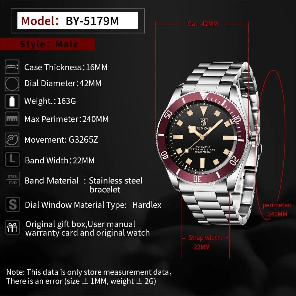 BENYAR Men's Watches Top Brand Luxury Mechanical Automatic Stainless Steel Watch Men 100M Waterproof Sport Watch Luminous Clock images - 6