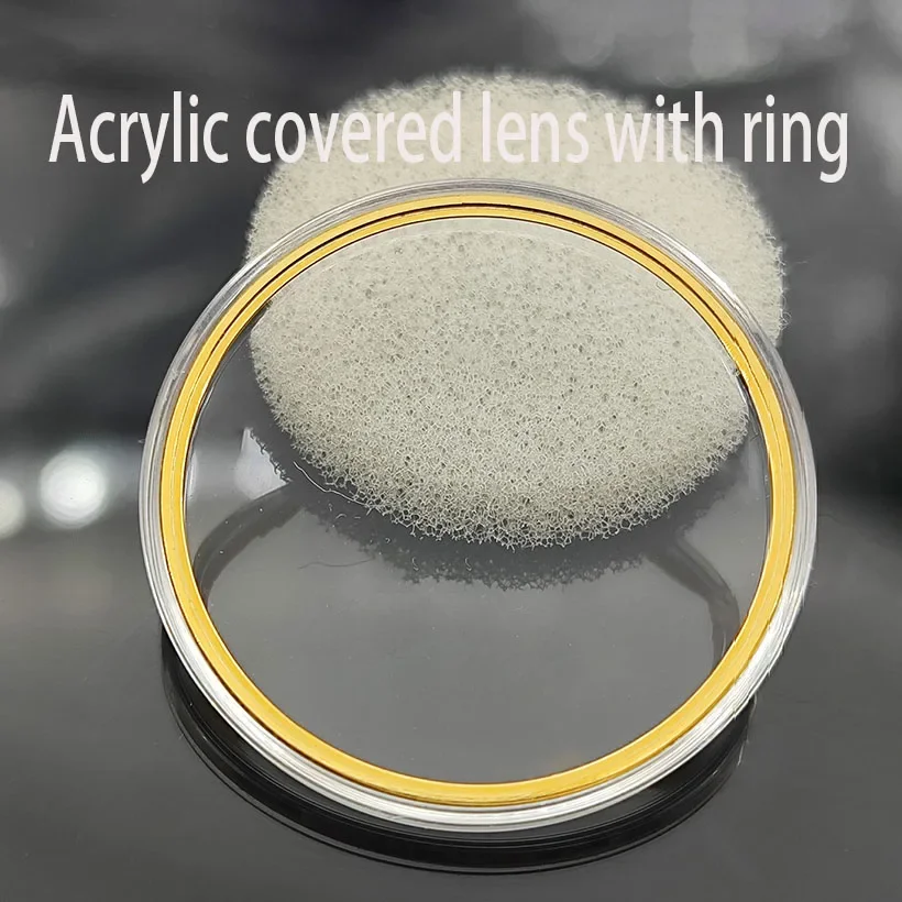 إكسسوارات الساعة خاتم ذهبي على شكل قوس دائري، خاتم فضي، غطاء مطاطي، مرآة ساعة أكريليك، مقاس 21-35 ملم مع عدسة ساعة حلقية