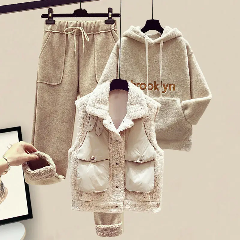 Three-Piece Cotton Coat and Vest Set for Women, Hooded Sweater, Casual Pants, Winter Clothes, Autumn, New, 2024