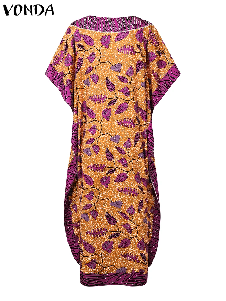 Plus Size VONDA Vintage Maxi Dress Summer Print Party Vestido 2025 Women Bohemian Patchwork Bat-wing Sleeve Sundress Casual Robe
