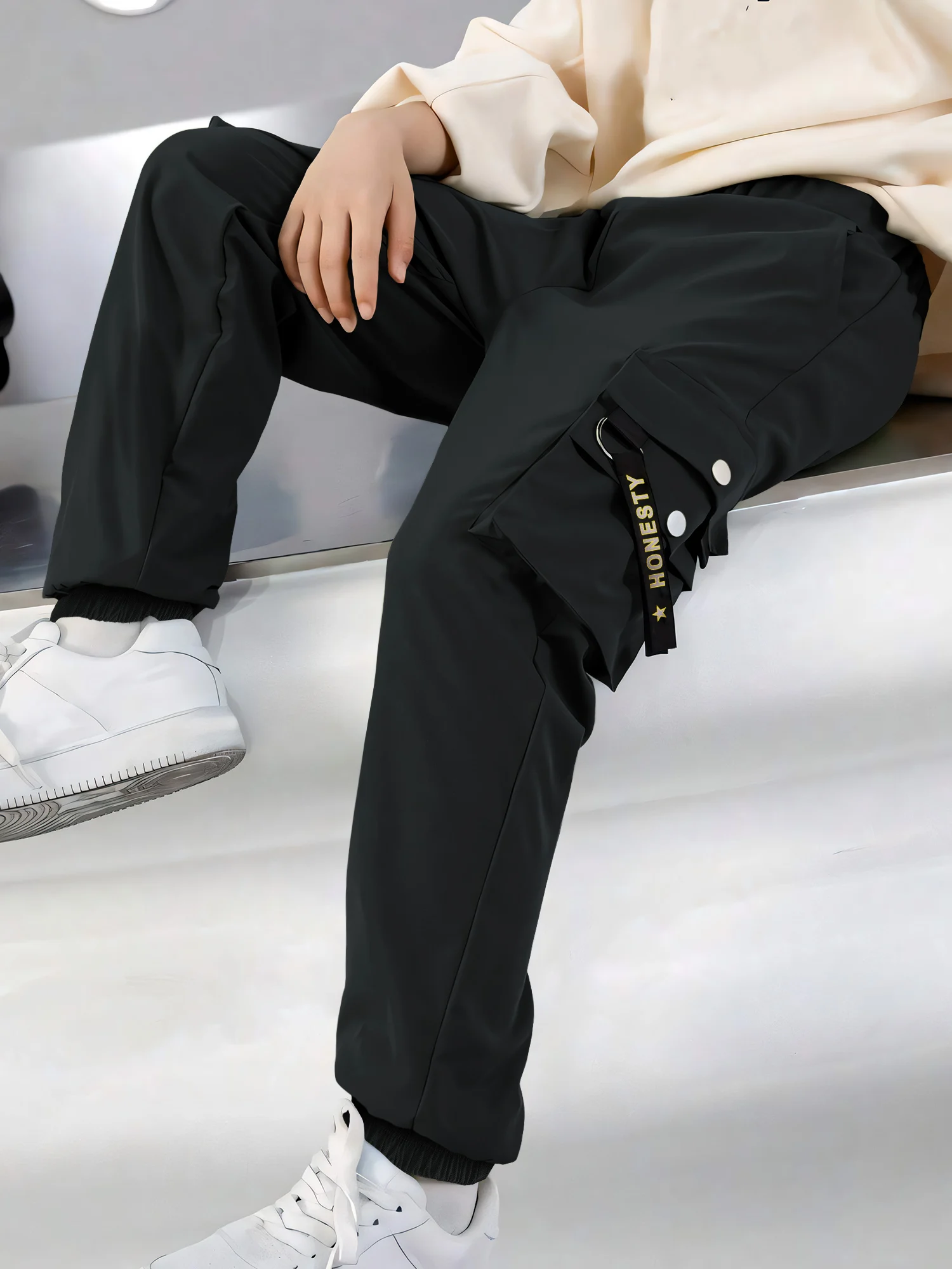 

Boys' overalls boys' trousers baggy medium and large children's trousers belt pocket stretch waist jogging pants casual wear all