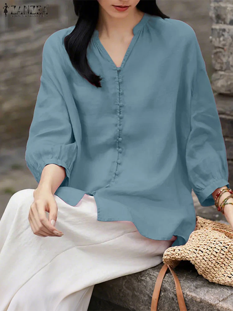 ZANZEA 2025 Casual Shirts Women Vintage 3/4 Sleeve Blusas Casual Loose Bottons Tunic Autumn V Neck Solid Color Tops Oversized