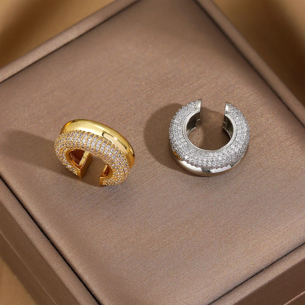 Pendientes redondos de circonio empalmado a la moda, sin accesorios para Piercing, 1 Uds., elegantes pendientes de Clip de acero inoxidable de doble capa para mujer