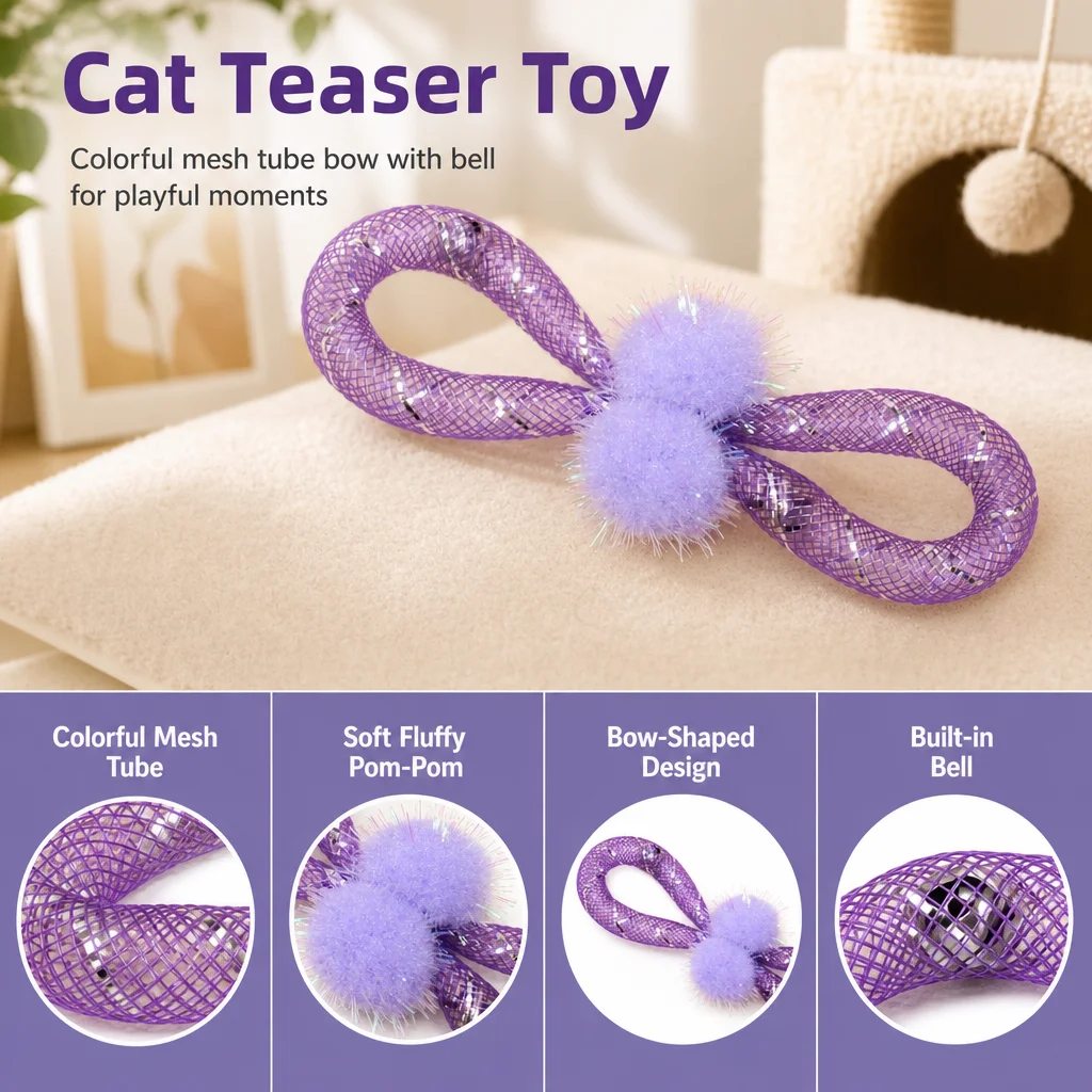 Colorful Cat Teaser Toy Mesh Bowtie with Bell for Indoor Play Interactive Kitten Hunting Toy Durable Pet Exercise Supplies