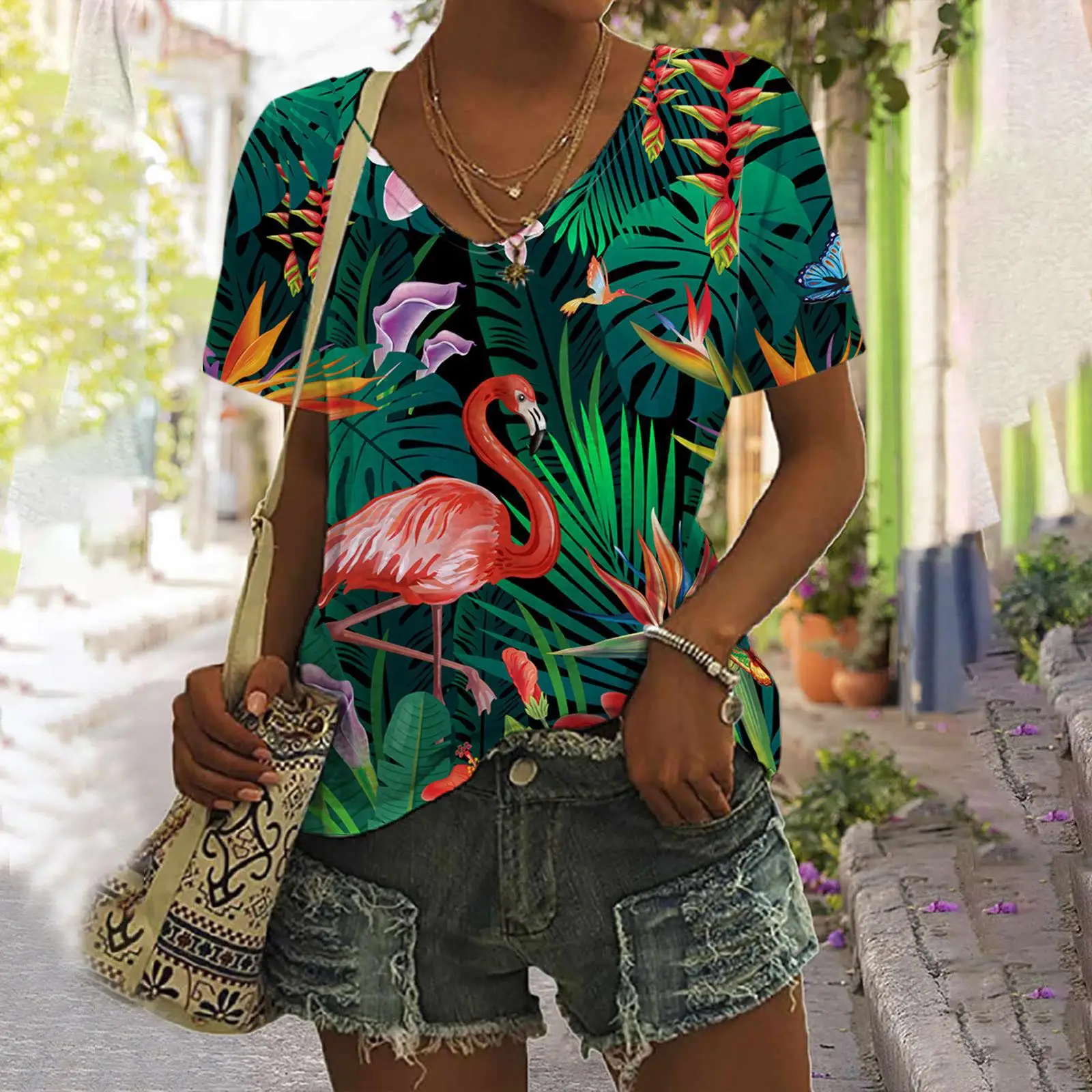 Floral Tropical Plants T-Shirts Parrot 3D Print Women V-Neck Short Sleeve T Shirt Oversized Harajuku Y2k Top Tees Woman Clothing