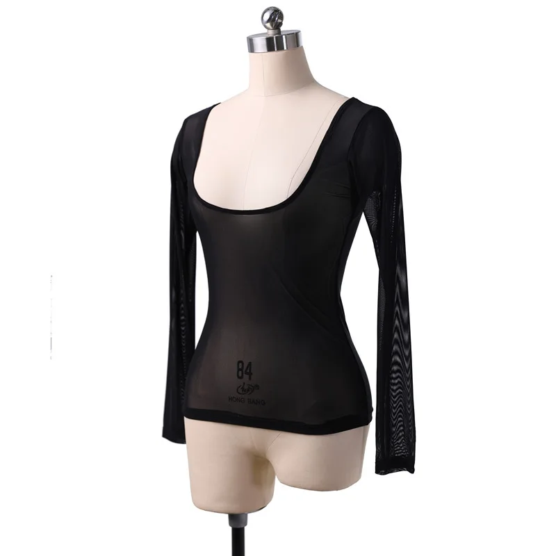 Water yarn breast support long-sleeved belly dance slim-fitting and thin bottoming shirt sexy clothing