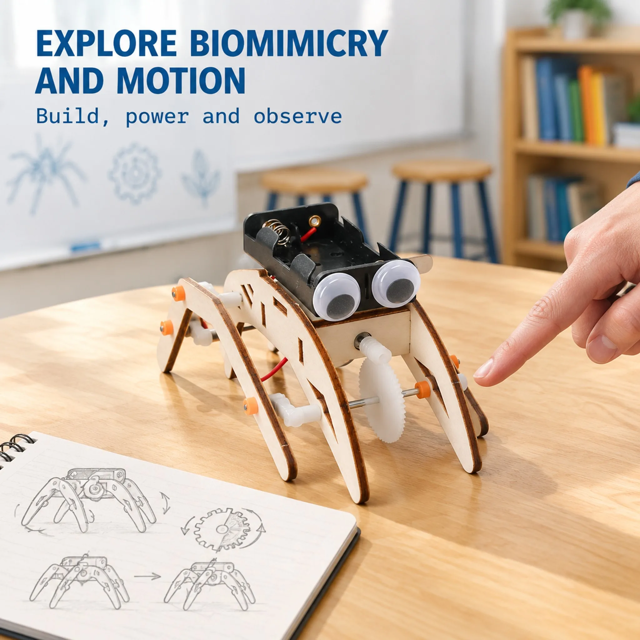 Wooden Spider Robot DIY Kit STEM Physics Experiment Biomimetic Mechanical Walking Toy for Kids Students STEM Classroom Gift Sets