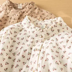 Mori kei autumn sweet stand collar print cotton shirts long sleeve blouses women tops female mori girl Japanese vintage clothing