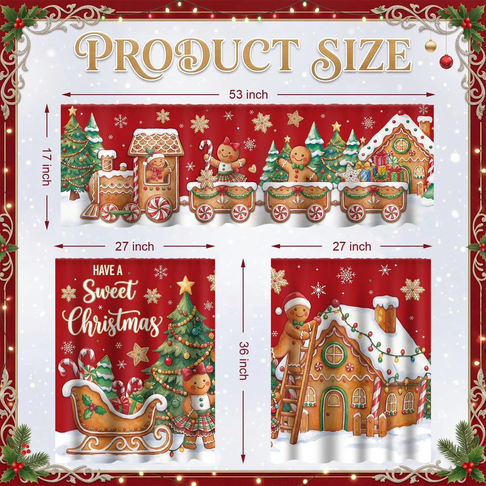 3 Pcs Christmas Kitchen Curtain Set, Gingerbread Train Window Valances and Drapes Set for Xmas Decor,Holiday Decorative Curtains