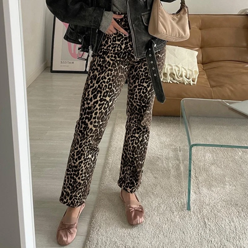 

Retro Women's Leopard Print Trouser High Waist Loose Zipper Long Pants Female Straight Pencil Pants Chic Vintage Streetwear