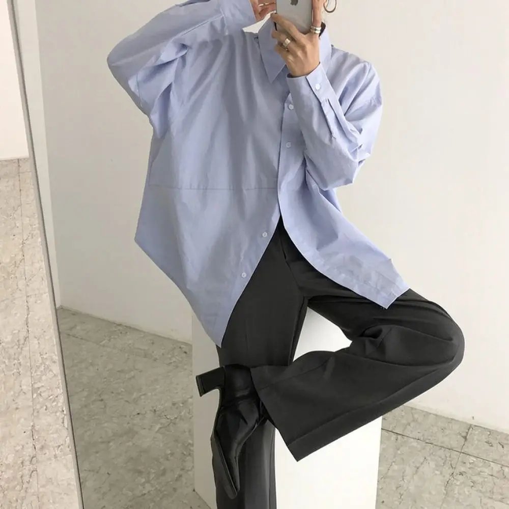 Womens Casual Blouse Autumn Korean Chic Shirt Loose Fit Long Sleeve Puff Design Solid Color Irregular Button Up Elegant Top