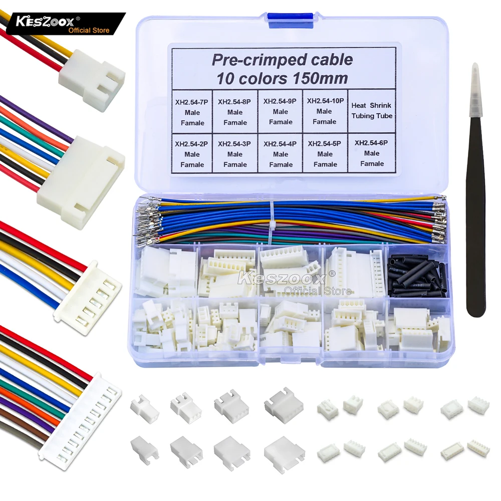 Keszoox JST XHP 2.5mm Male Female Connector Kit, SXH-001T-P0.6 Housing with 22AWG Pre-Crimped Wire, PCB Wire Harness