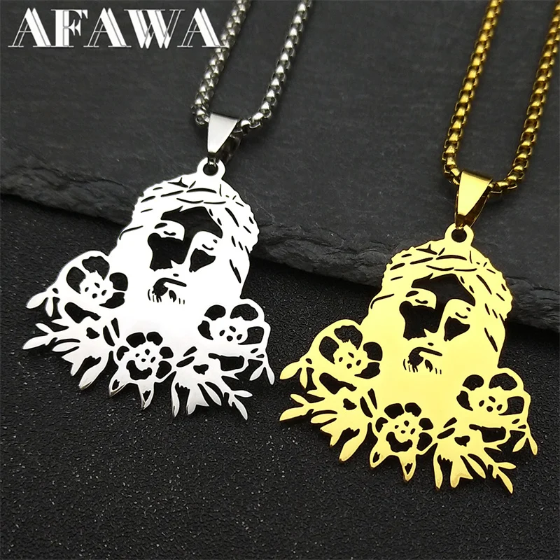 

Christian God Jesus Flower Pendant Necklace for Women Men Stainless Steel Gold Silver Color Religious Chain Jewelry collar