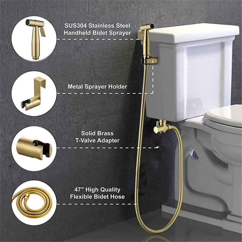 Handheld Toilet Bidet Sprayer Holder Brushed Gold Spray Gun Home Bathroom Shower Head Hose Self Cleaning