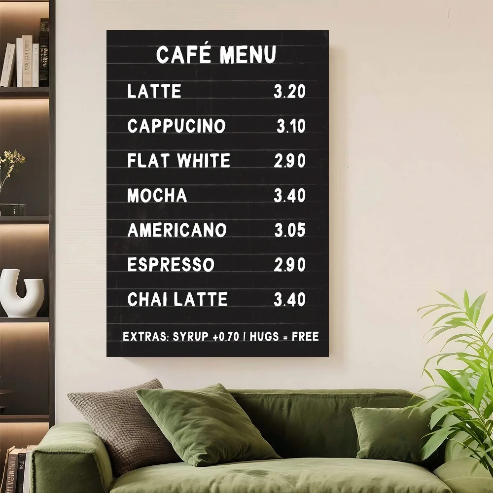 Tablero de Menú de Café con Marco Plano 2D, 1 Pieza - Fondo Negro con Bebidas de Café (Latte, Cappuccino, Flat White, Espresso, Chai)