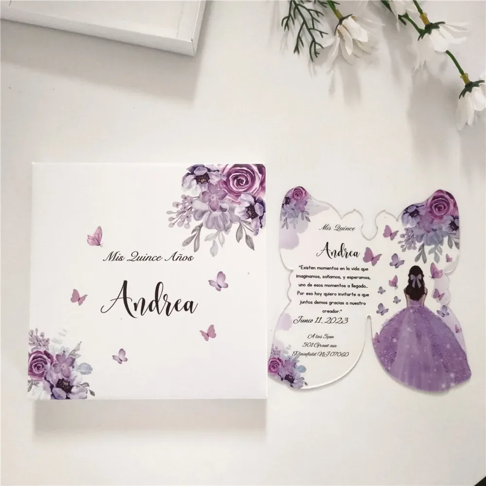 

Transparent Custom Quinceanera Party Invitation Cards, Acrylic Butterfly Design with Printed Box,Bar Mitzvah Girl 15 Years 10Pcs