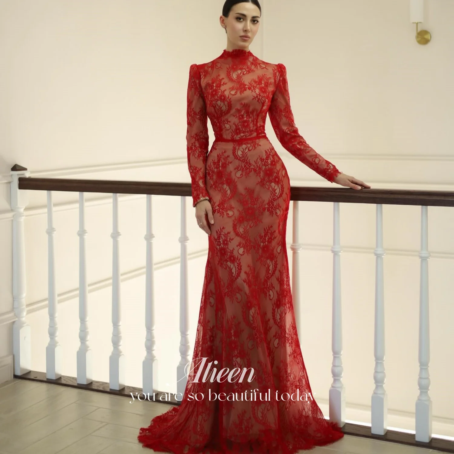 

Aileen Red Lace Strapless Evening Dress Sexy Long Sleeve Mermaid Floor-Length Appliques Formal Party Dress Customized