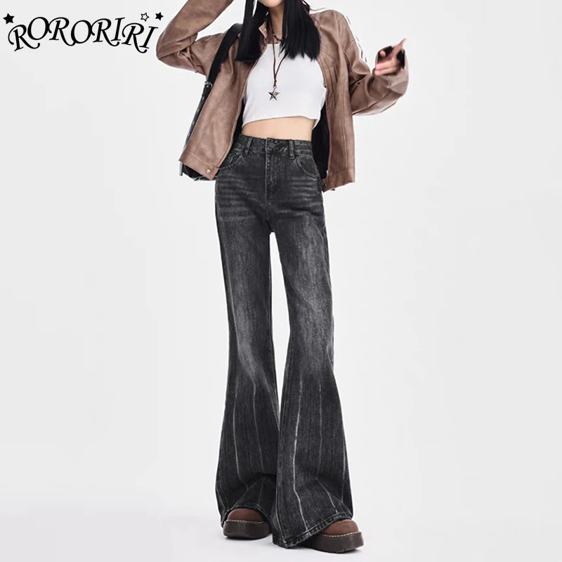 RORORIRI Women Whiskers Black Bootcut Denim Pants High Waist Washed Distressed Loose Wide Flare Jeans Casual Vintage Streetwear