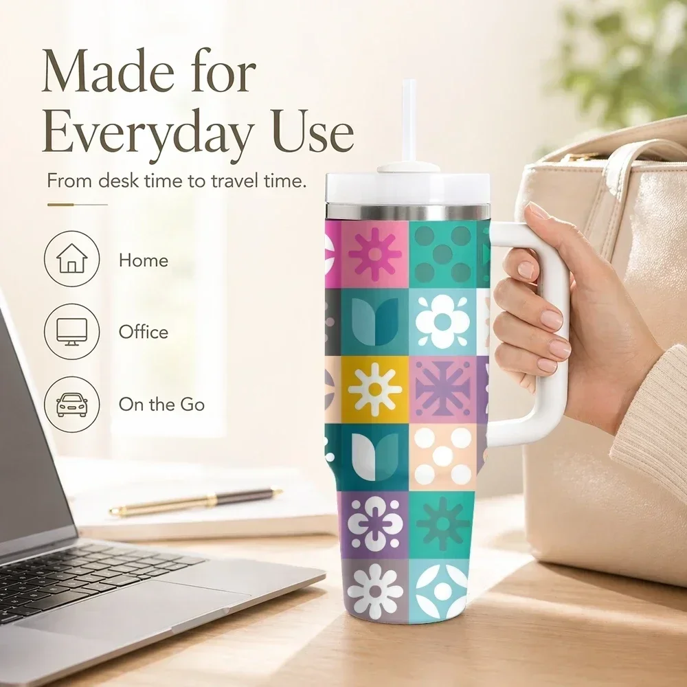 Modular pattern with summer Vacuum Flasks 40oz Stainless Steel Insulated Tumbler with Handle Straw Cup Daily Travel Mug