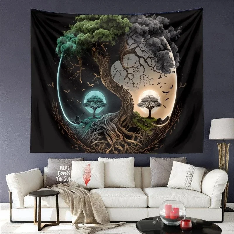 VIKAMA Yin Yang Tree of Life Tapestry Day Night World Tree Moon Bird Wall Hanging Meditation Bedroom Decor Cloth