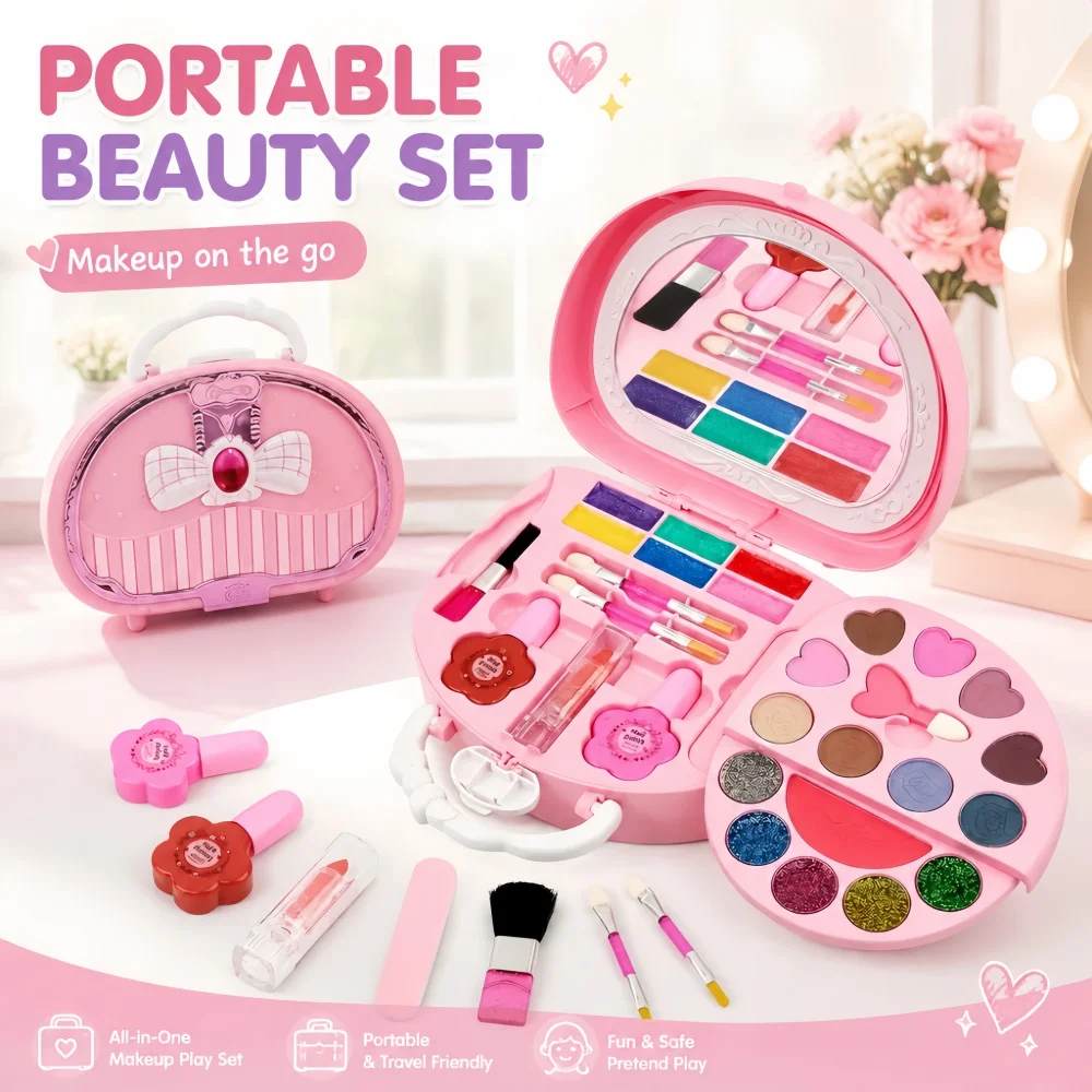Girls Pretend Play Makeup Kit, Washable Non-Toxic Kids Beauty Cosmetic Set with Mirror & Portable Handbag, Princess Dress Up Toy Birthday Christmas Gift for Girls