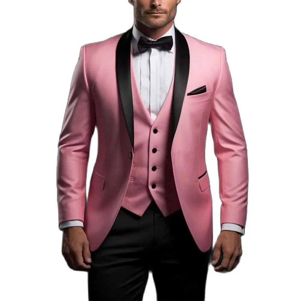 Formal Pink Men Suits High Quality Blazer Black Shawl Lapel One Button Slim Fit 3 Piece Jacket Pants Vest Full Sets Prom Outfits