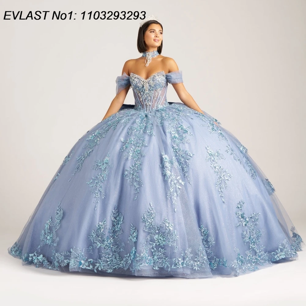 

EVLAST Customized Glitter Blue Quinceanera Dress Ball Gown Lace Applique Beading Bow Corset Sweet 16 Vestidos De 15 Anos E1QN750