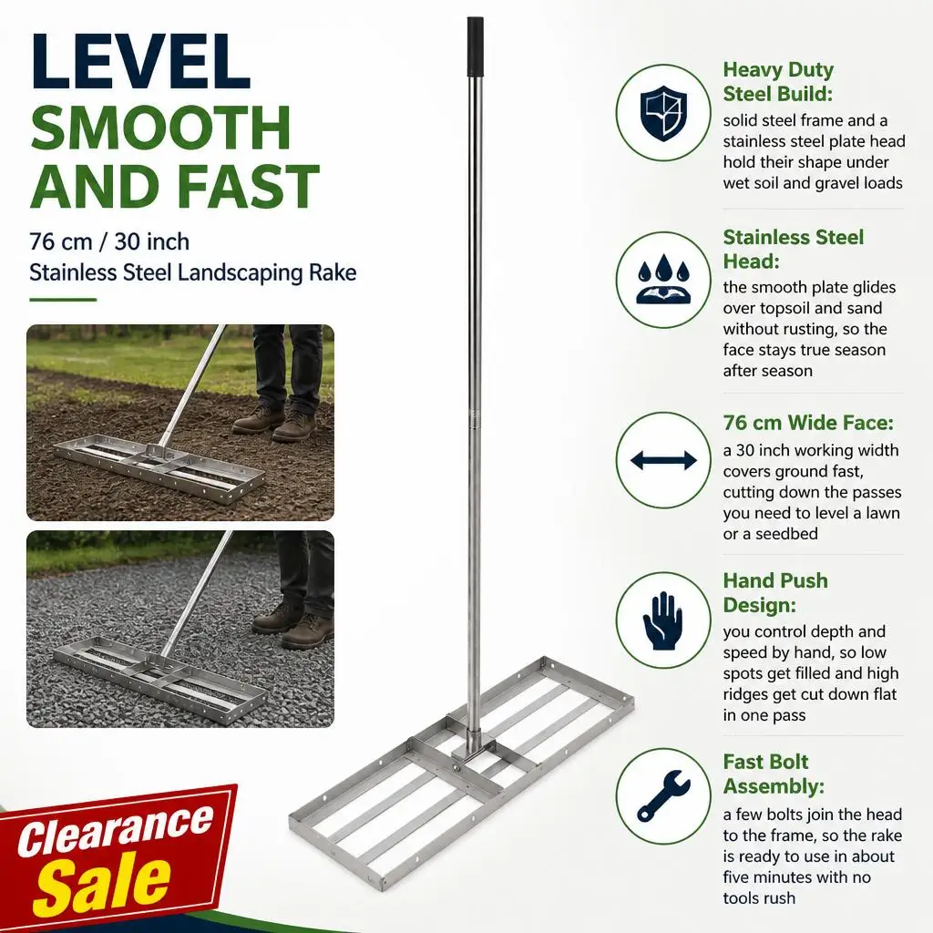 Lawn Leveling Rake 30 Inch, Stainless Steel Hand Push Leveler Tool for Spreading Soil Sand Topsoil and Gravel, Heavy Duty Land Grading Rake for Garden Yard Seedbed Prep and Turf Renovation Work, 76 cm Wide Head and Long Grip Handle
