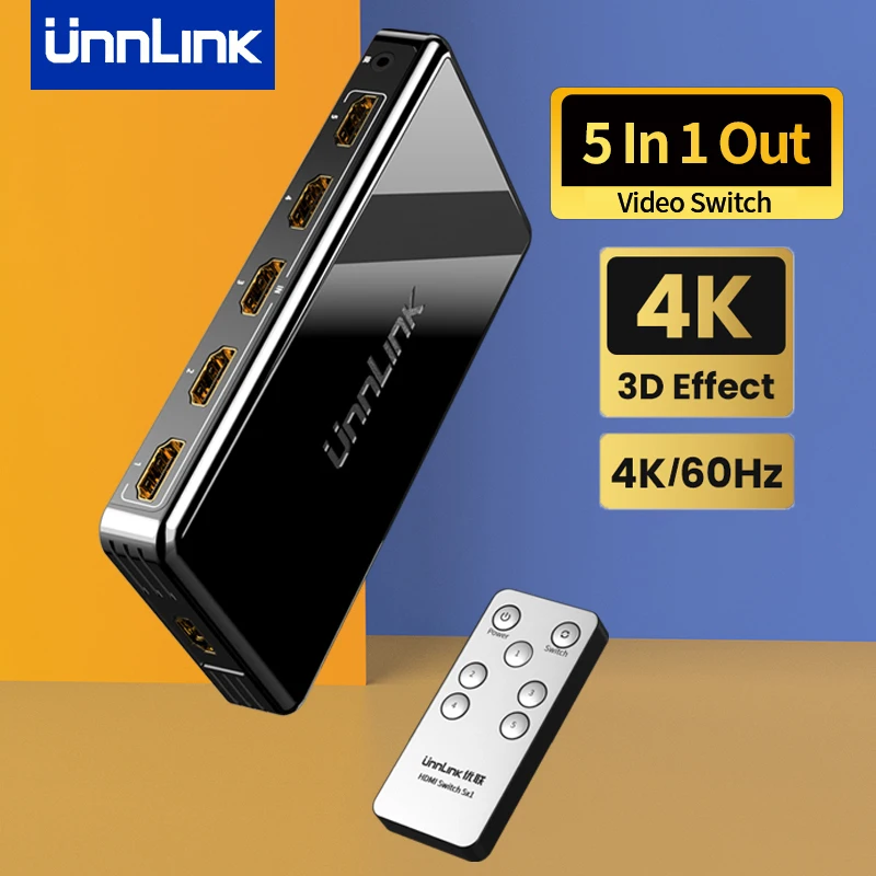 Unnlink-interruptor HDMI 4K 60Hz, Adaptador convertidor con mando a distancia para TV, MI Box3, PS3, PS4 Pro, TV, PC, proyector, portátil, 3x1, 5x1
