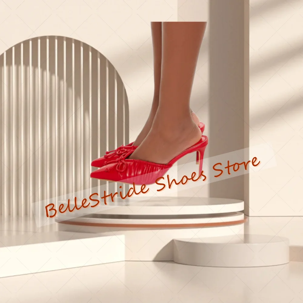 Pantofole a punta pieghettate rosse Pantofole in pelle opaca Moda donna Scarpe Tacchi alti sottili Banchetto per feste Incontri 2025 Zapatos Para Mujere