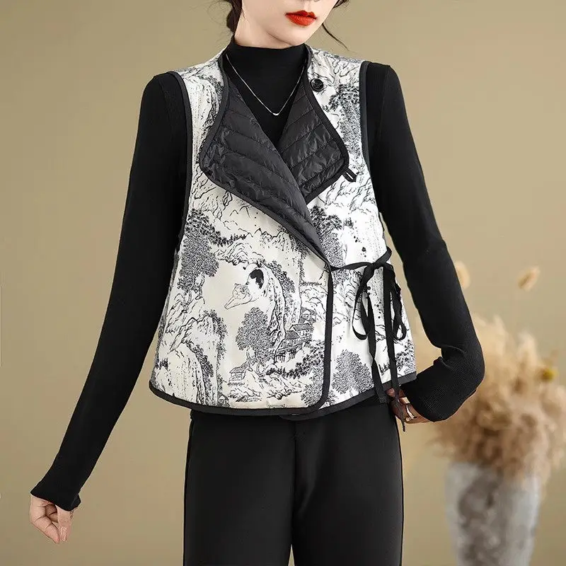 New Chinese Style Ink Painting Vest Cotton Clothing Women's Autumn And Winter Fashion Temperament  Retro Reversible Jacket A173