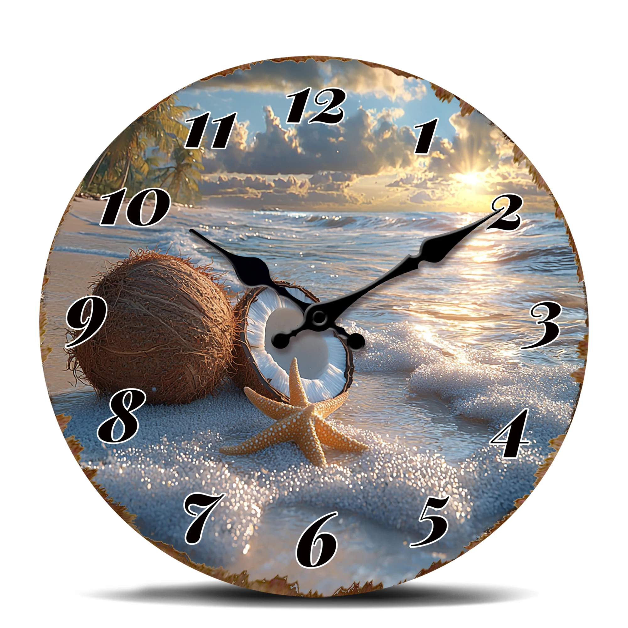 Tropical Beach with Coconut and Starfish Wall Clock, Silent Quartz Movement, Coastal Decor Timepiece, Relaxing Seaside Escape Ar