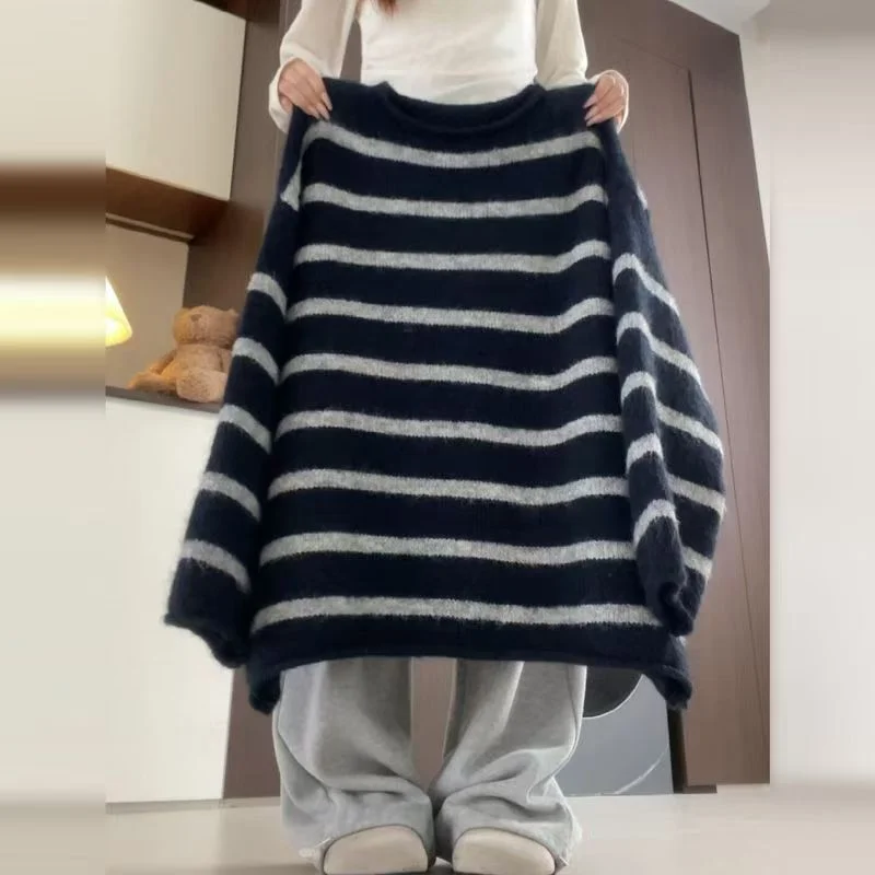 

Unique Color Blo Striped round Ne Pullover Sweater Women's Autumn Winter Loose Lazy Sle Mid-Length Knitted Top