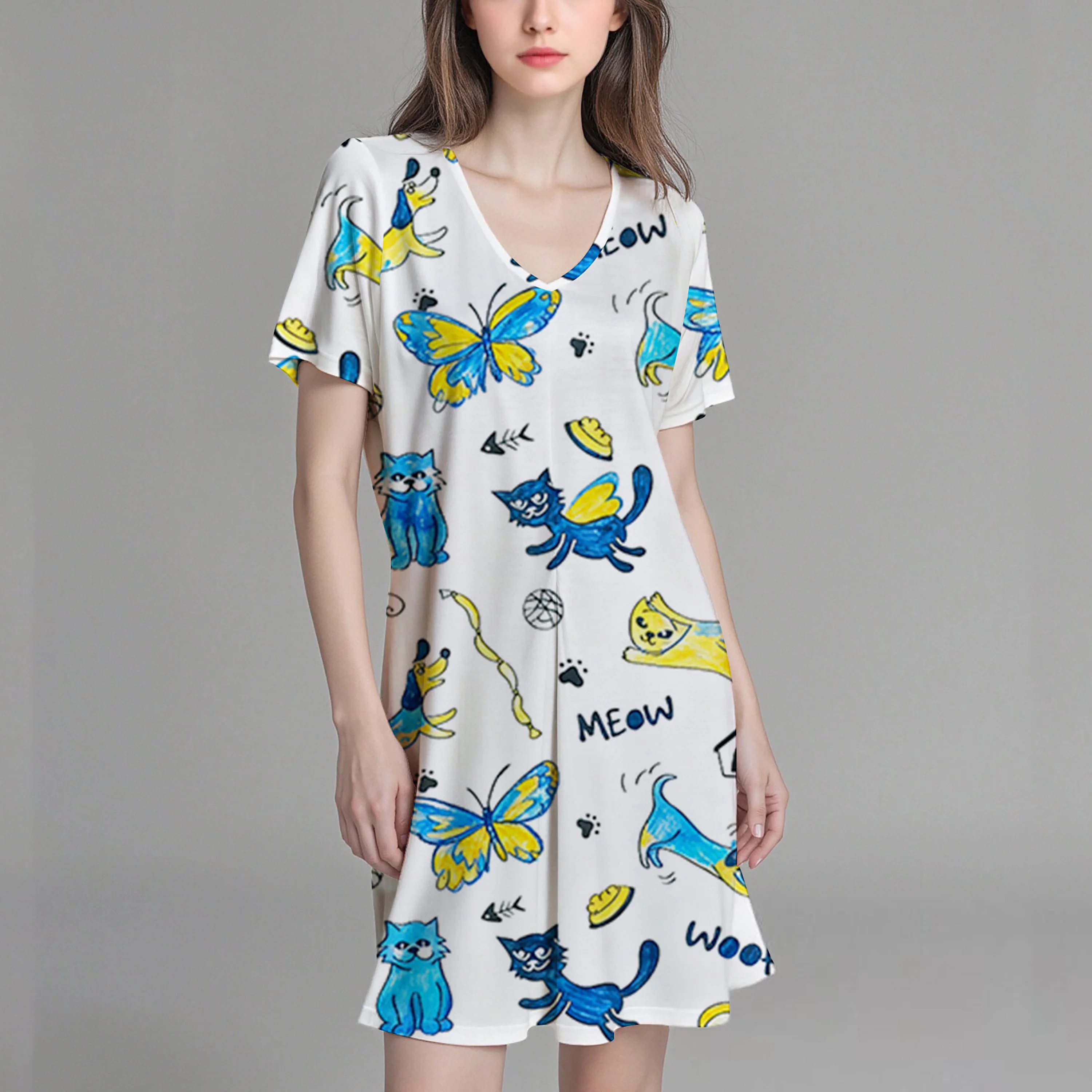 New women's dress, V-neck short-sleeved T-shirt with cartoon print, casual, fashionable, versatile and unique.