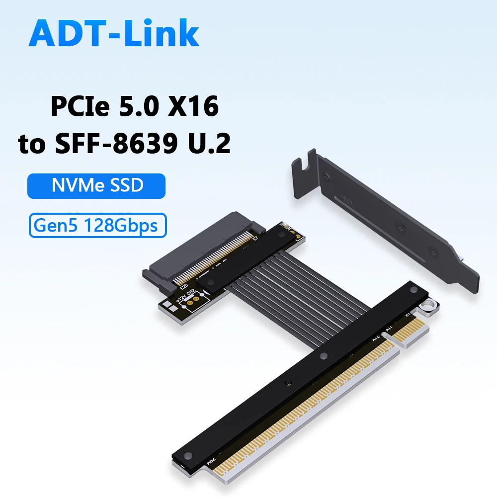 

ADT-Link New PCIe 5.0 X16 to SFF-8639 U.2 NVMe SSD Riser Card Adapter Gen5 128G/bps High-Speed Lossless Flexible Extension Cable