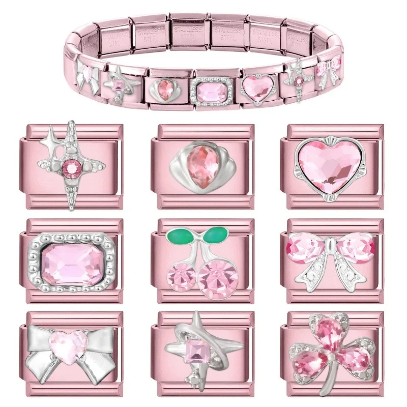 2025 New Women Romantic Pink Cherry Heart Shiny CZ Italian Charm Links Fit 9mm Bracelet Stainless Steel DIY Making Jewelry Gifts image 2