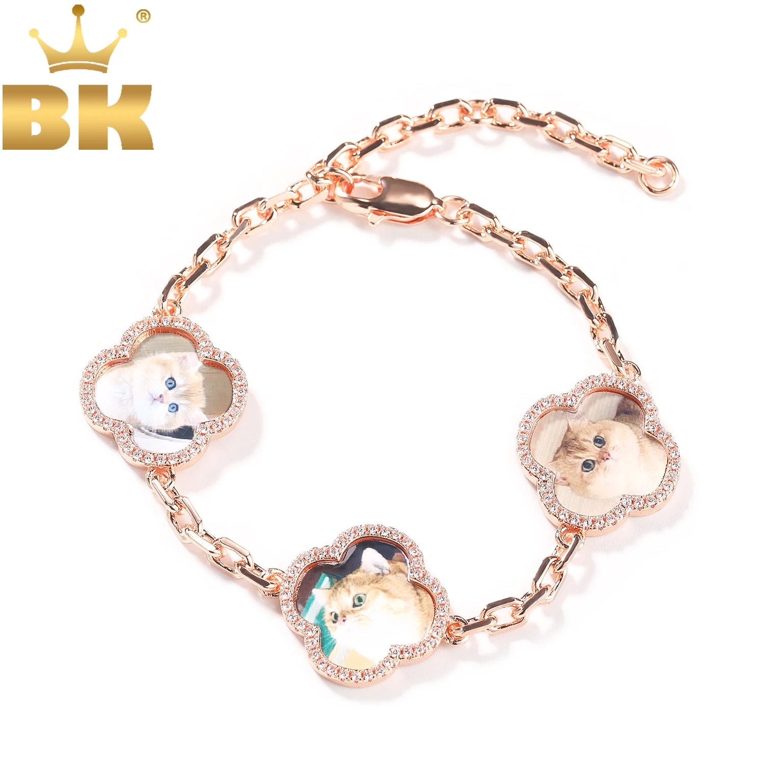 

Браслет TBTK DIY 3 Clover Photos с индивидуальным дизайном, с четырехлистным клевером на удачу, инкрустированный фианитами, подарок для семьи и любимых