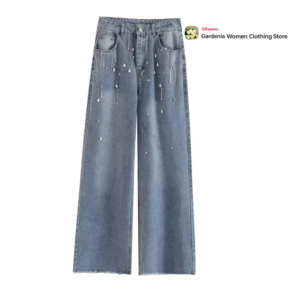 Elegant Ladies Frayed Hem Jeans High Waist Straight Leg Denim Pants for Women Classic Five Pockets Jeans Derocated Rhinestones