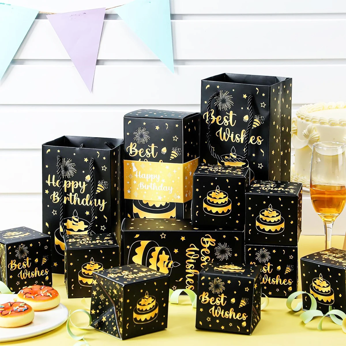 10Pcs Happy Birthday Pop Out Gift Boxes Black Gold Surprise Present Cases with Wrapping Bags for Baby Shower Party Supplies