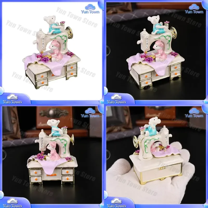 Delicate Bear Sewing Machine Jewelry Box for Small Cute Decorative Ornament Dust Proof Flip Earrings Ring Storage Organizer