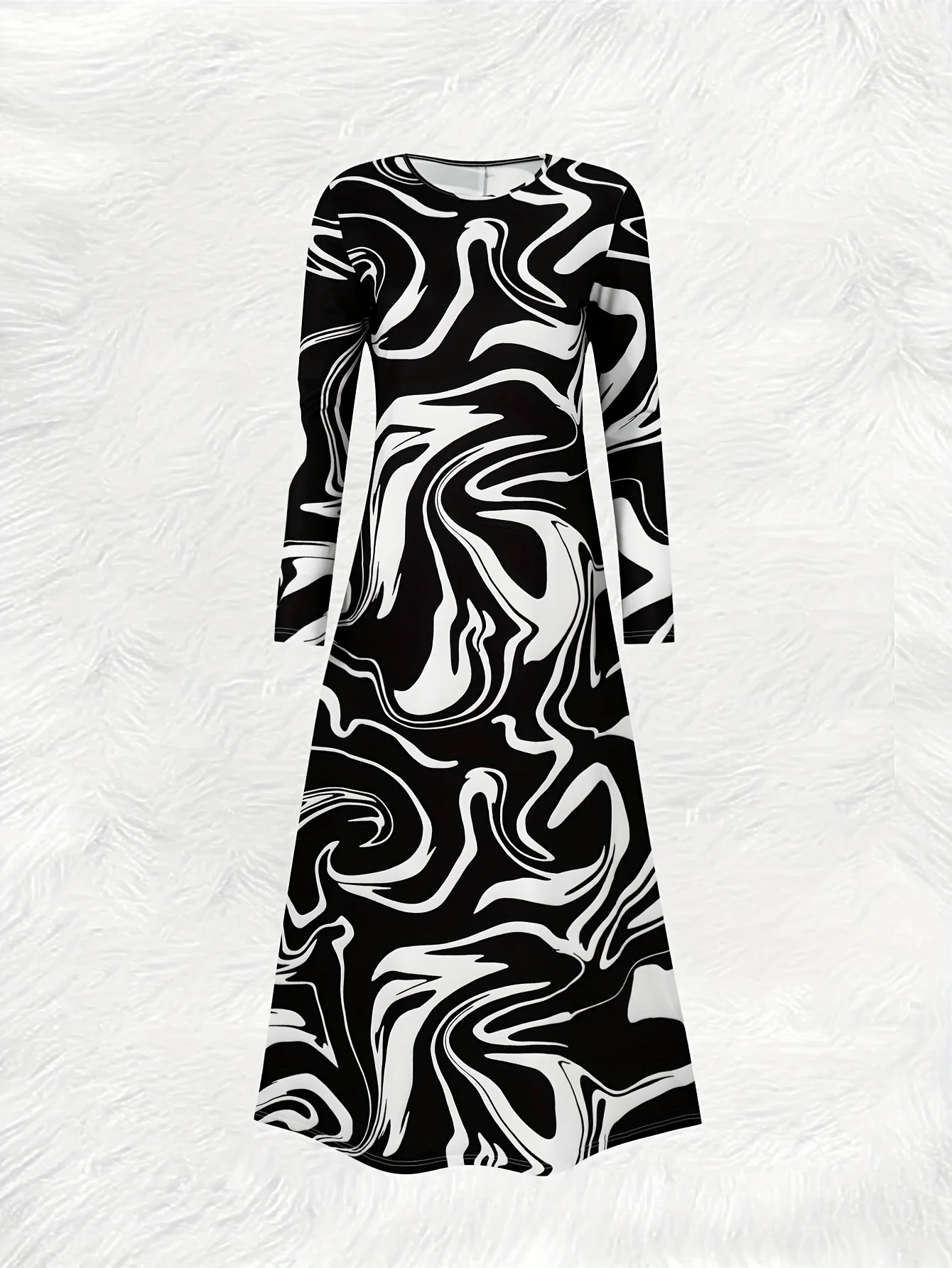 Printed Design Black White Marble Swirl Print Round Neck Long Sleeve Maxi Dress view 3