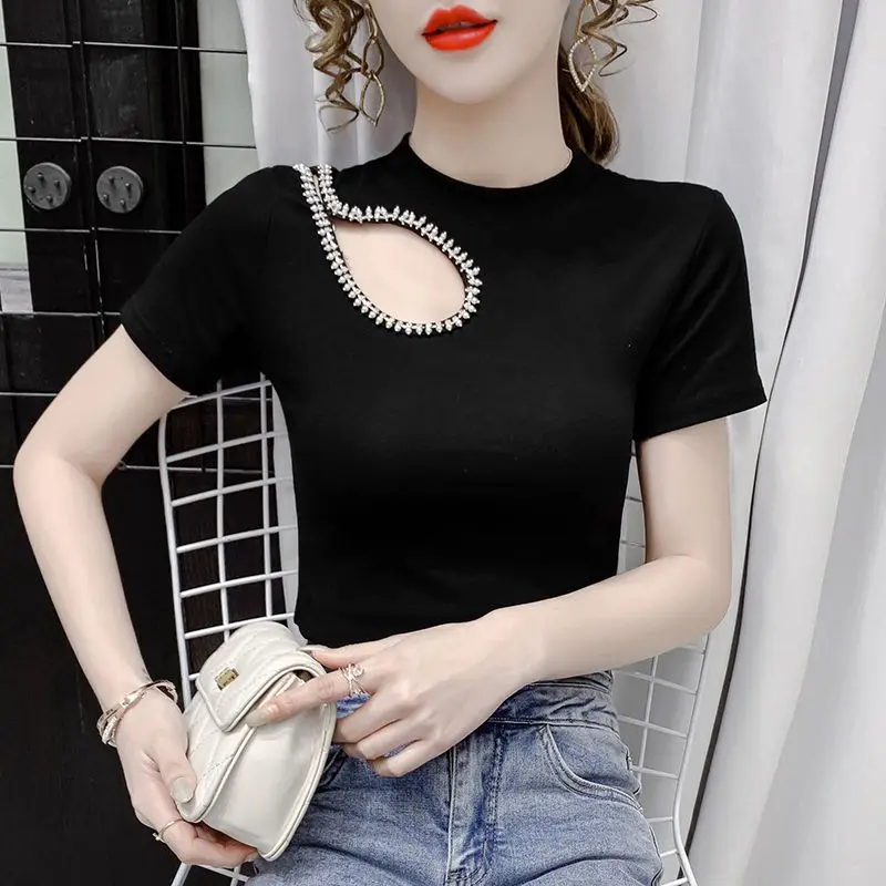 Women's Asymmetrical Short Sleeve T-shirt Bodycon Fit Embellished Hollow Out Design For Summer 2026 Trendy Style