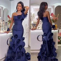 Blue Rose Flower Mermaid Women Formal Evening Dress High Quality One-shoulder Prom Gown Dresses Floor Length Flower Elegant