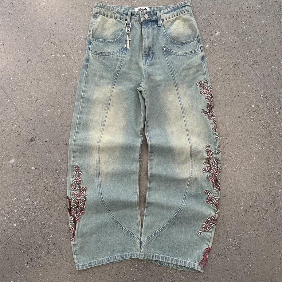 

Vescartes Sakura Knight Embroidered Vintage Denim Jeans Couple Wide Leg Pants Natural Waist Spring Season Non-deformable