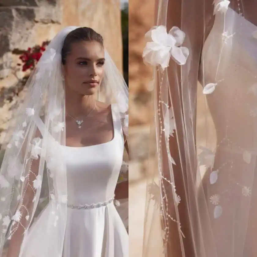 

Elegant Wedding Bridal Veils One-Layer 3M Long Cathedral 3D Flower Crystal Tulle Lace Bride Veil Wedding Accessories