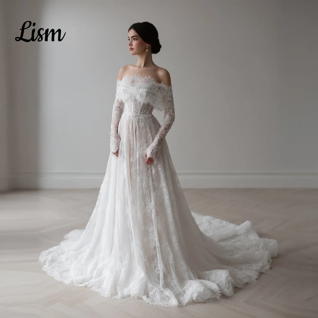 Lism Customized Charming Lace Wedding Dress Off Shoulder Remove Jacket Full Sleeves Sweep Train Bridal Gown Vestido De Novia