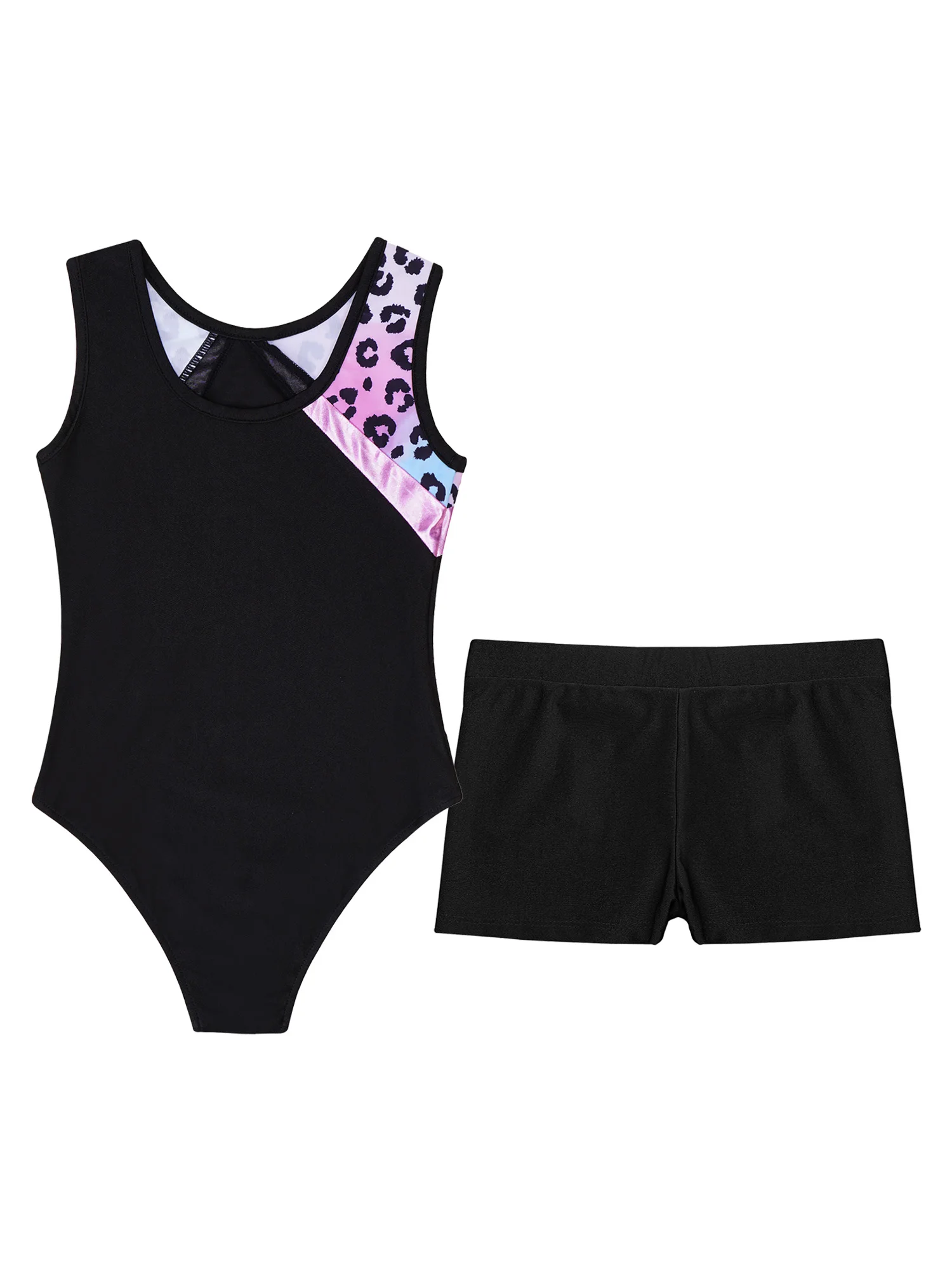 Kids Girls Ballet Dance Gymnastics Sports Set Sleeveless Print Bodysuit with Shorts Skating Yoga Outfit Pool Beach Swimwear