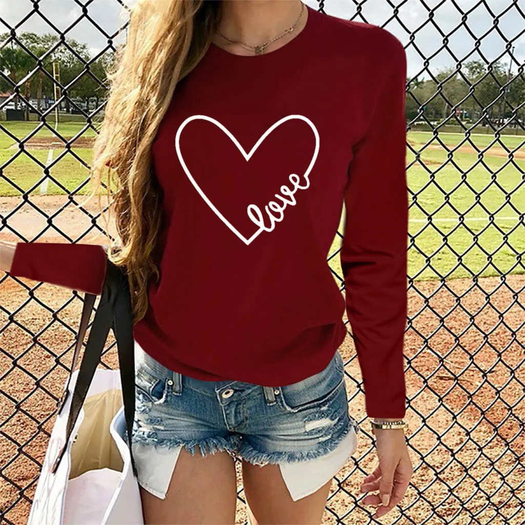 Casual Letter Heart Shaped Printing Women\'s T Shirt Blouses Round Neck Long Sleeve Loose Fashionable Ladies Tee Shirt Tops