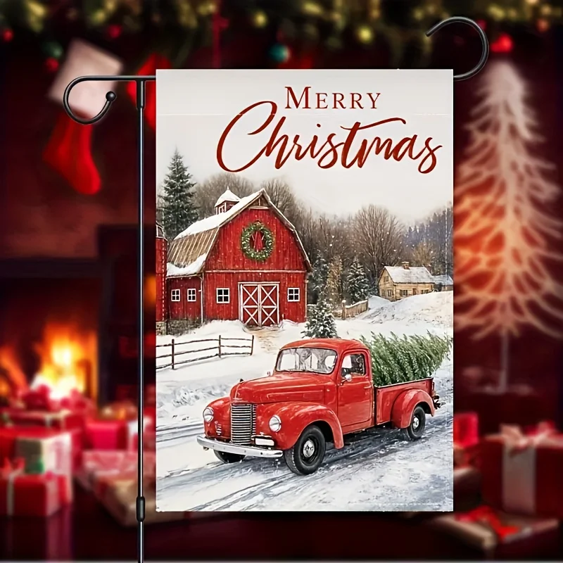 1pc Festive Merry Christmas Garden Flag -, Red Pickup Truck & Snowy Scene, Durable Polyester, 12.0x18.0inch - Ideal for Outdoor Lawn, Patio & Winter Yard Decoration, No Flagpole Included, Outdoor Christmas Decorations for Yard