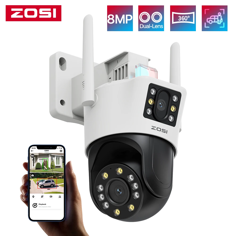 

ZOSI C298 8MP/4MP двойной объектив проводная Wi-Fi PTZ камера безопасности уличная широкоугольная 8-кратный гибридный зум AI обнаружение 360 камера наблюдения